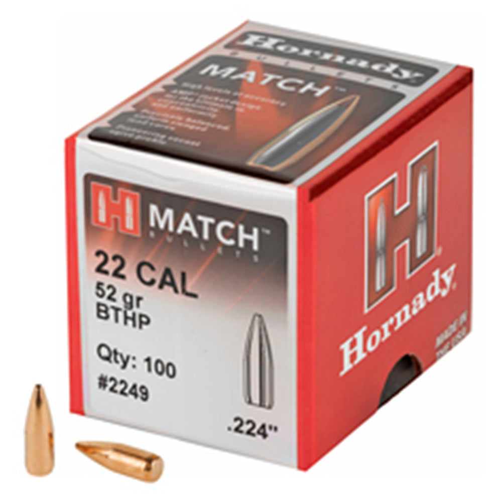 Match, .224 Diameter, 22 Caliber, 52 Grain, Boat Tail Hollow Point, 100 CT/BX - Hornady