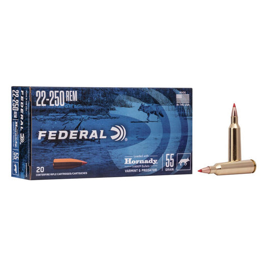 22-250 Remington - Federal Ammo - Rifle, Hornady V-MAX 55GR. 20RD/BX